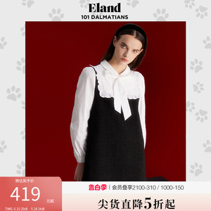 Eland衣恋连衣裙拼接假两件中长款修身学院风毛呢裙秋冬款