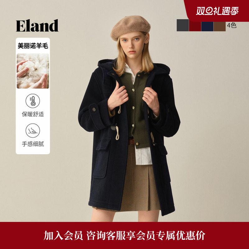 ELAND毛呢外套100%绵羊毛连帽