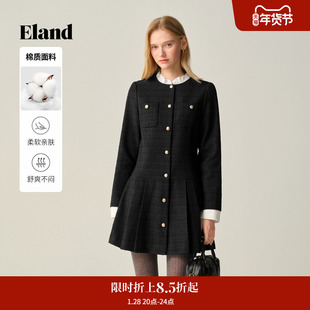 Eland衣恋连衣裙女法式小香风荷叶边立领短裙2025冬季新款