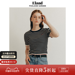 套头上衣夏季 T恤女复古撞色条纹微修身 Eland衣恋短袖