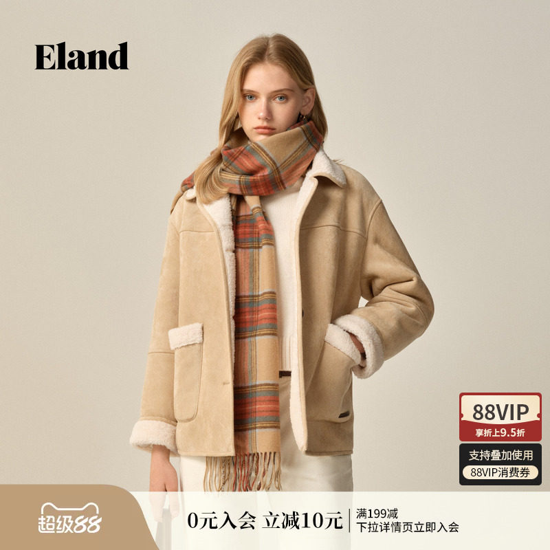 Eland衣恋仿羊羔绒外套摇粒绒外套女大口袋短外套冬季新款