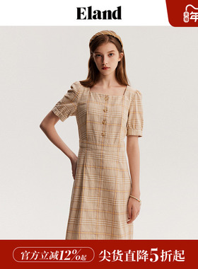 Eland衣恋短袖连衣裙女复古风方领泡泡袖小个子夏裙子