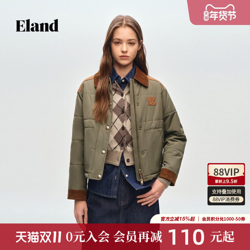 Eland衣恋棉衣女工装风翻领长袖大口袋短款宽松棉服外套春季