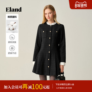 Eland衣恋连衣裙女法式小香风荷叶边立领短裙2025冬季新款