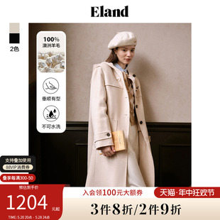 【100%绵羊毛】Eland衣恋毛呢外套长款宽松牛角扣大衣冬