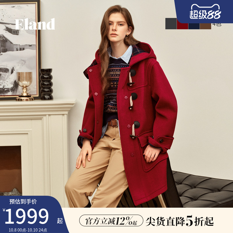 ELAND毛呢外套100%绵羊毛连帽