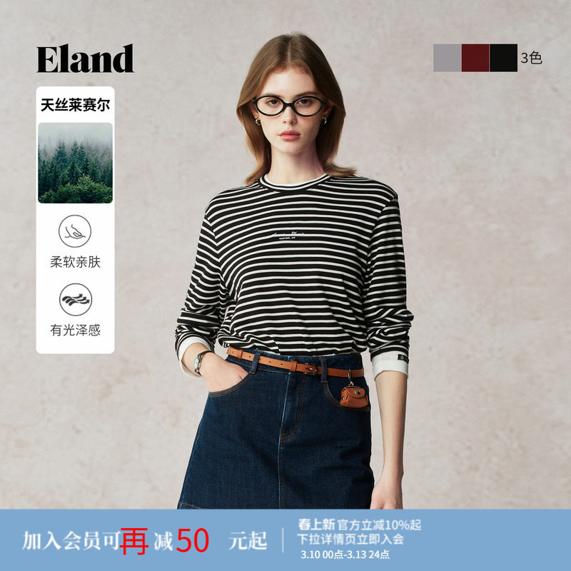 【莱赛尔】Eland衣恋T恤女圆领长袖休闲薄款假两件条纹上衣夏季款