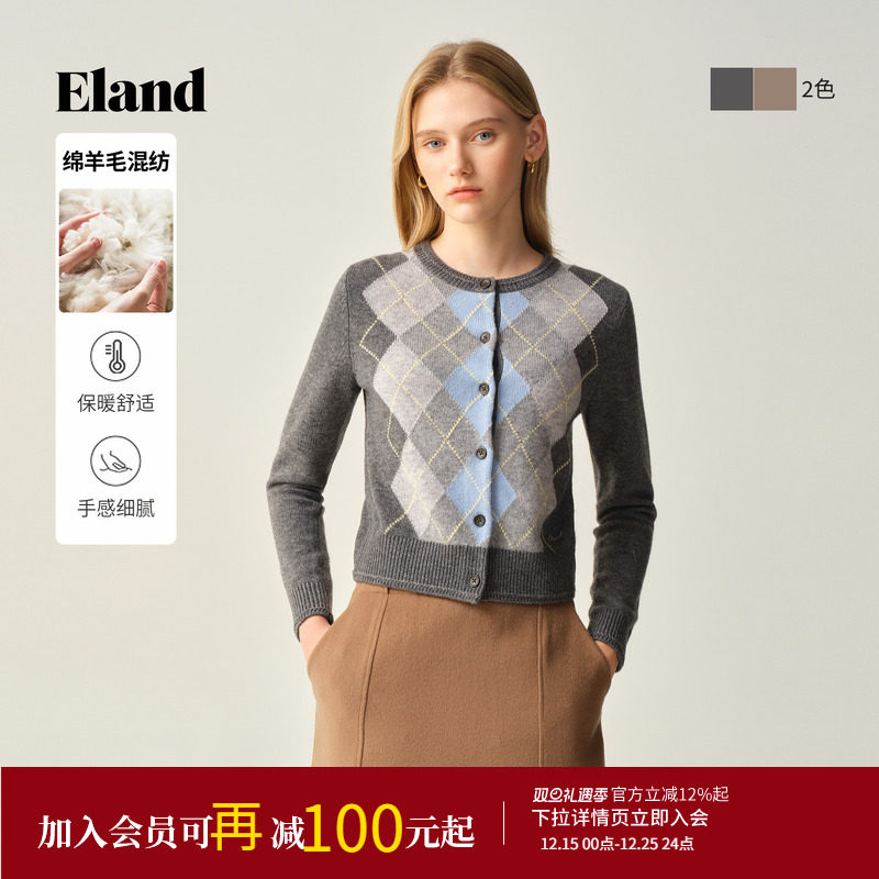 ELAND毛针织衫菱格圆领开衫