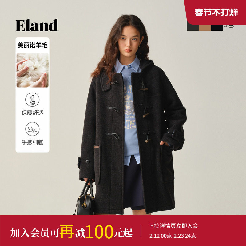 【美丽诺羊毛】Eland衣恋毛呢外套女牛角扣廓形大衣2025冬季新款