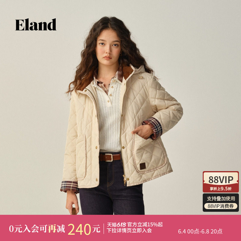 Eland衣恋棉服女时尚通勤单排扣连帽外套冬季新款