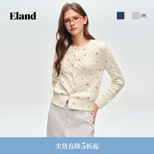 【100%棉】Eland衣恋毛针织衫女圆领花朵长袖开衫2026春夏新款
