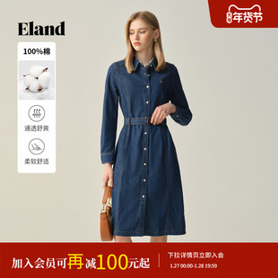 【100%棉】Eland衣恋连衣裙女时尚通勤牛仔中长裙2025冬季新款