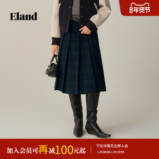 Eland衣恋半身裙女时尚格纹裙中长款百褶裙2025冬季新款