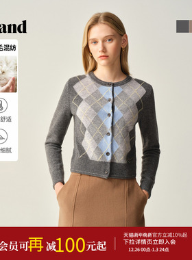 Eland衣恋毛针织衫女时尚学院风菱格圆领开衫2025冬季新款