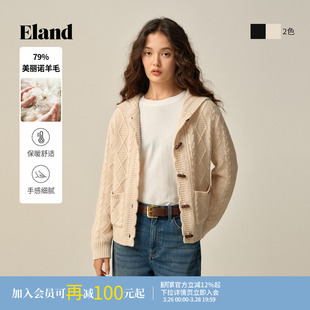 冬季 女单排扣连帽开衫 Eland衣恋毛针织衫 新款 美丽诺羊毛