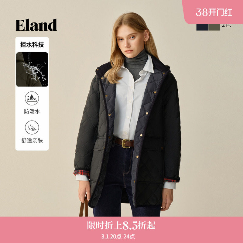 【拒水科技】Eland衣恋棉服女中长款菱格连帽含羊毛外套冬季新款