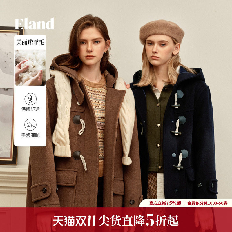 【经典长期主义】Eland衣恋毛呢外套女复古连帽牛角扣羊毛大衣冬