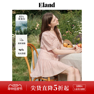 Eland衣恋V领连衣裙含莱赛尔泡泡袖 新款 收腰荷叶边摆裙子2024夏季