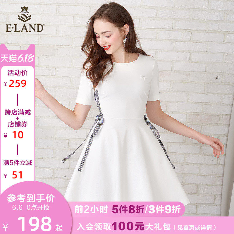 ELAND夏季ins潮绑带设计感复古短袖中长连衣裙仙女EEOM86505I