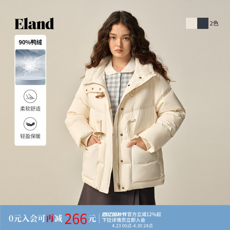 【羽绒】Eland衣恋鸭绒服女时尚带帽长袖牛角扣外套冬季新款