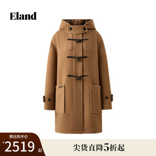 新款 绵羊毛 Eland衣恋毛呢外套女单排扣带帽大衣2025冬季