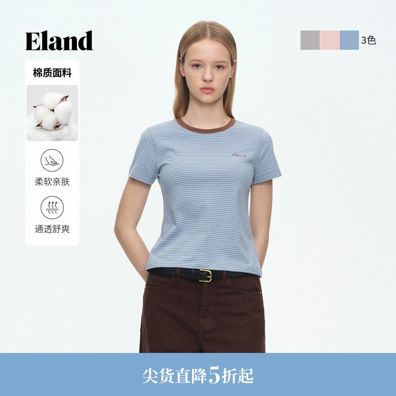 Eland衣恋T恤女气质圆领短袖修身棉质短款条纹上衣2026春夏新款