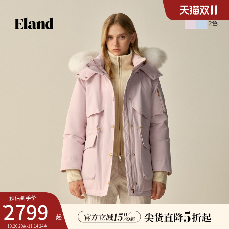 【鹅绒】Eland衣恋羽绒服时尚连帽毛领大口袋外套2025冬季新款