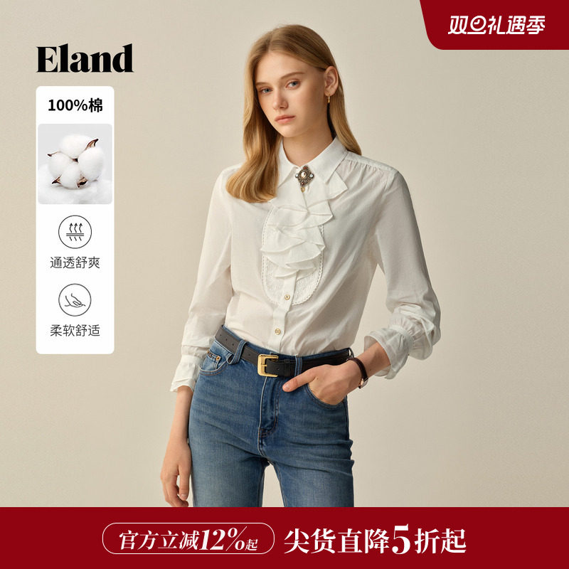 ELAND衬衫翻领纯棉长袖纯色
