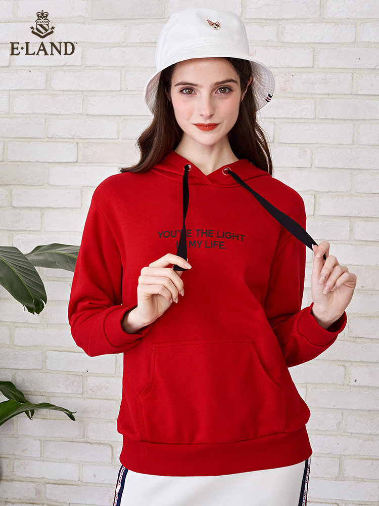 ELAND clothing love spring and autumn fashion sweet little loose hooded age reduction printing pullover casual top women are thin