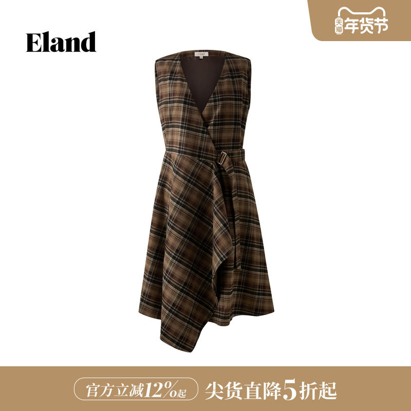 Eland衣恋连衣裙女气质V领不规则下摆宽松无袖背心裙2025冬季新款