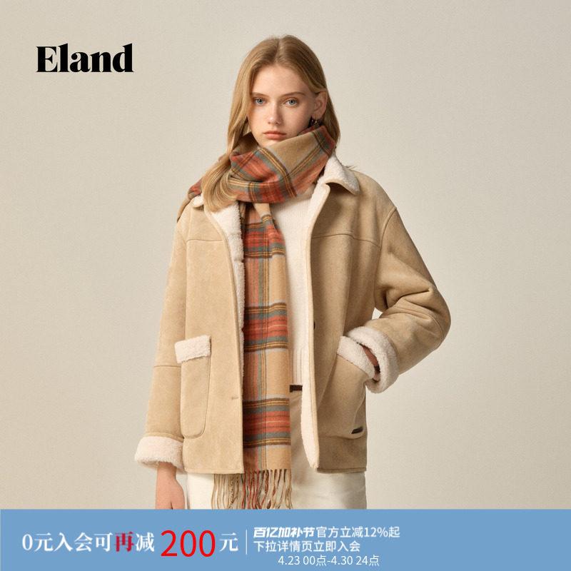 Eland衣恋仿羊羔绒外套摇粒绒外套女大口袋短外套冬季新款