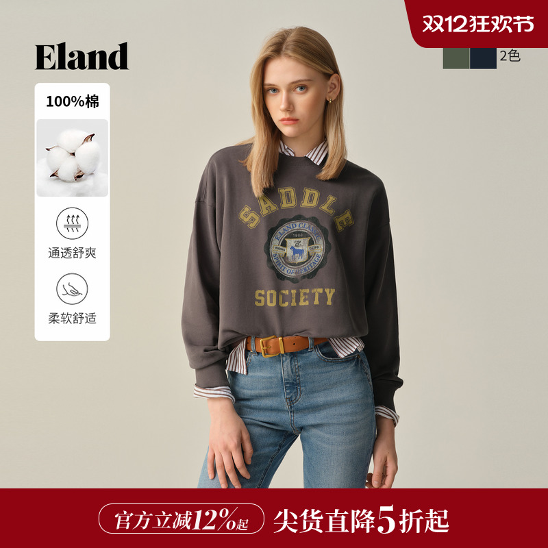 ELAND卫衣女宽松圆领纯棉上衣