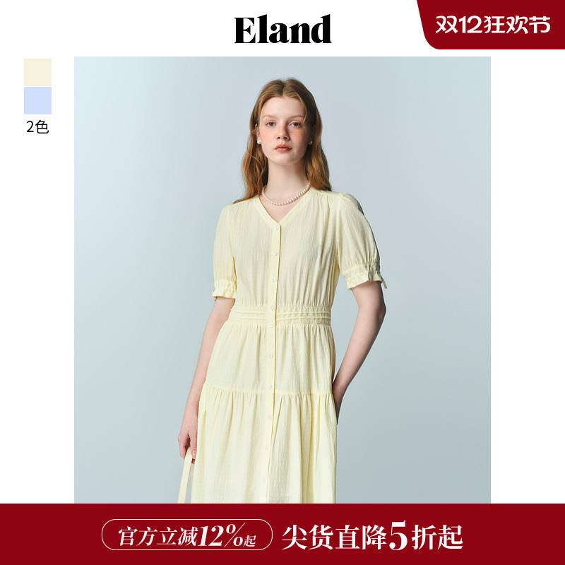 ELAND茶歇裙泡泡袖塔克下摆