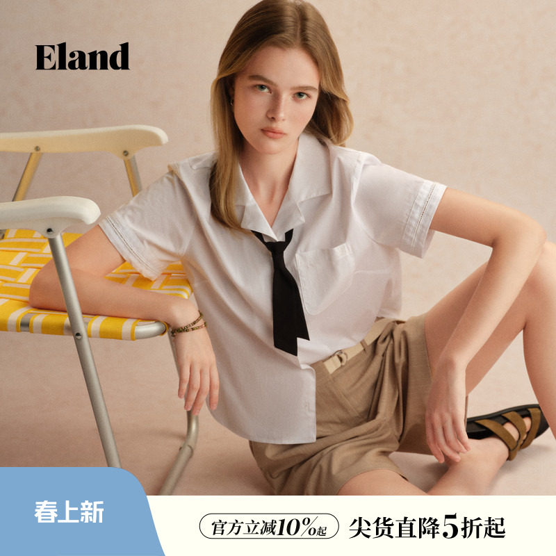 Eland衣恋衬衫女古巴领袖口蕾丝边学院风领结短袖上衣25夏季新款