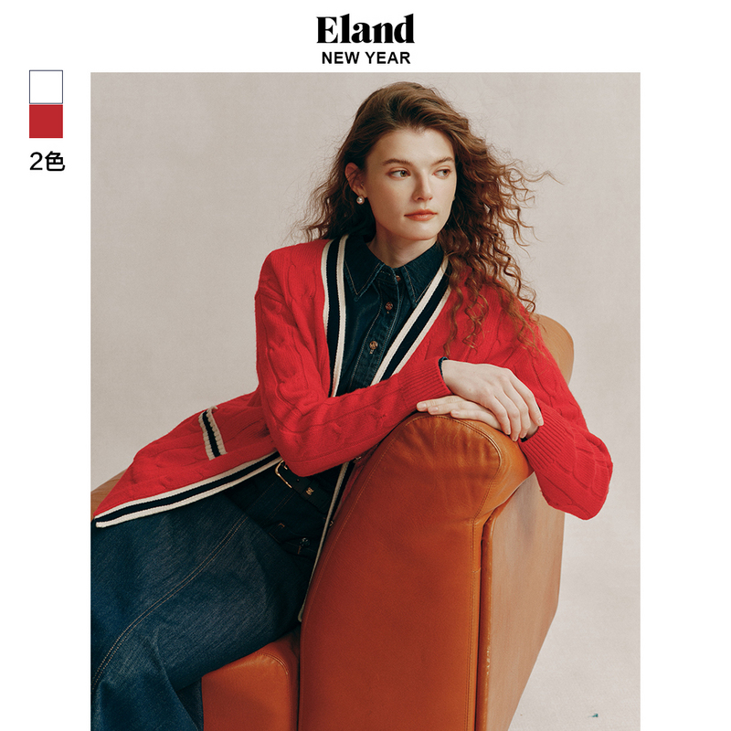 E·LAND复古绞花单排扣针织开衫