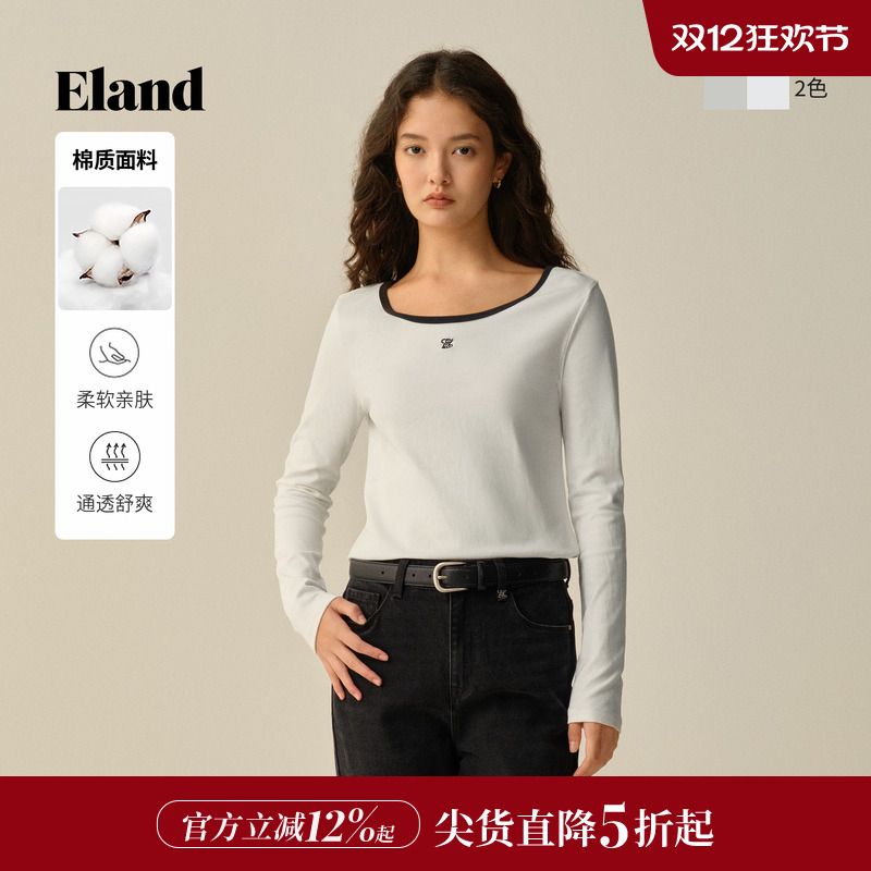 ELAND长袖T恤圆领刺绣纯色