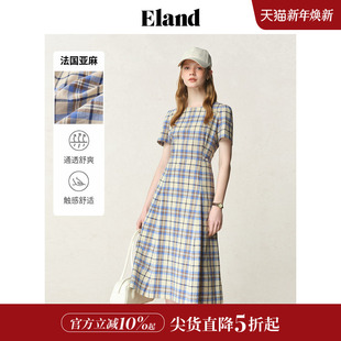 新款 Eland衣恋连衣裙女格纹侧口袋裙子2025夏季 淡人 法国亚麻