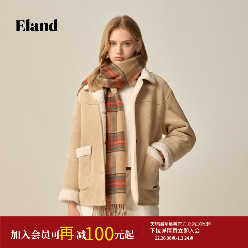 Eland衣恋仿羊羔绒外套摇粒绒外套女大口袋短外套2025冬季新款