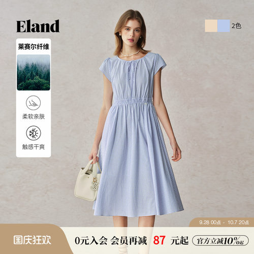 ELAND格纹短袖度假风连衣裙