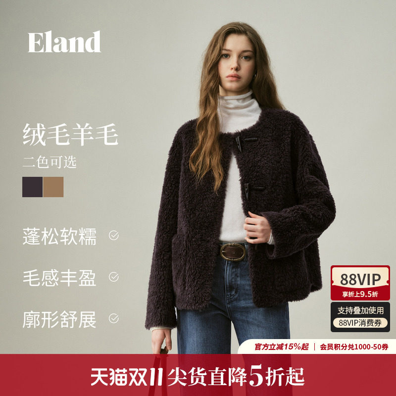 ELAND牛角扣长袖圆领毛绒外套