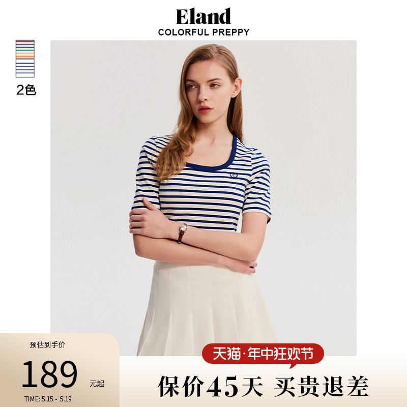 Eland衣恋短袖t恤女夏季条纹印花圆领短袖上衣女