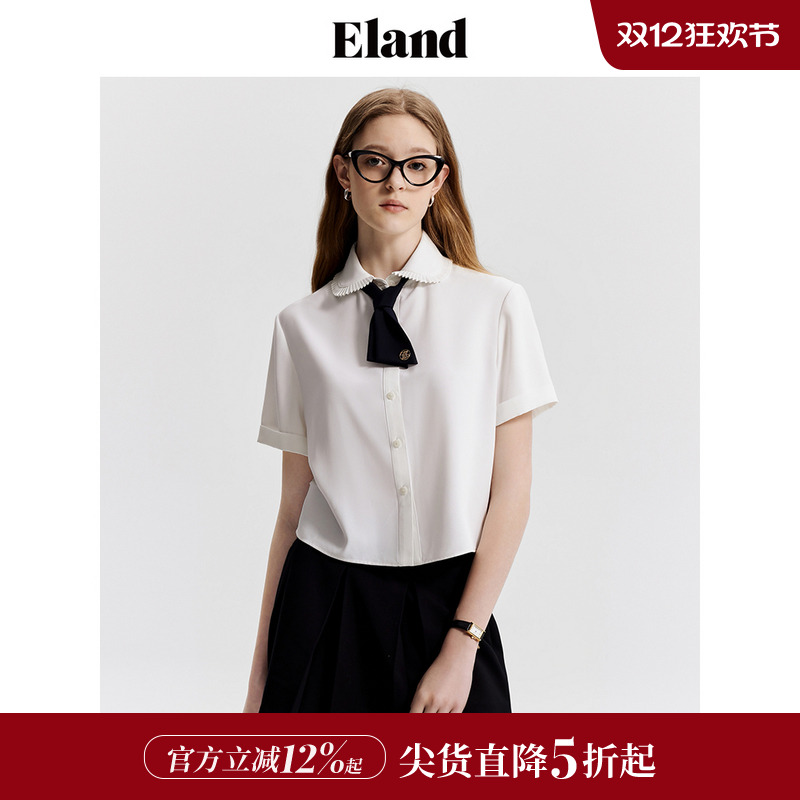 ELAND雪纺蝴蝶结白色短袖衬衫