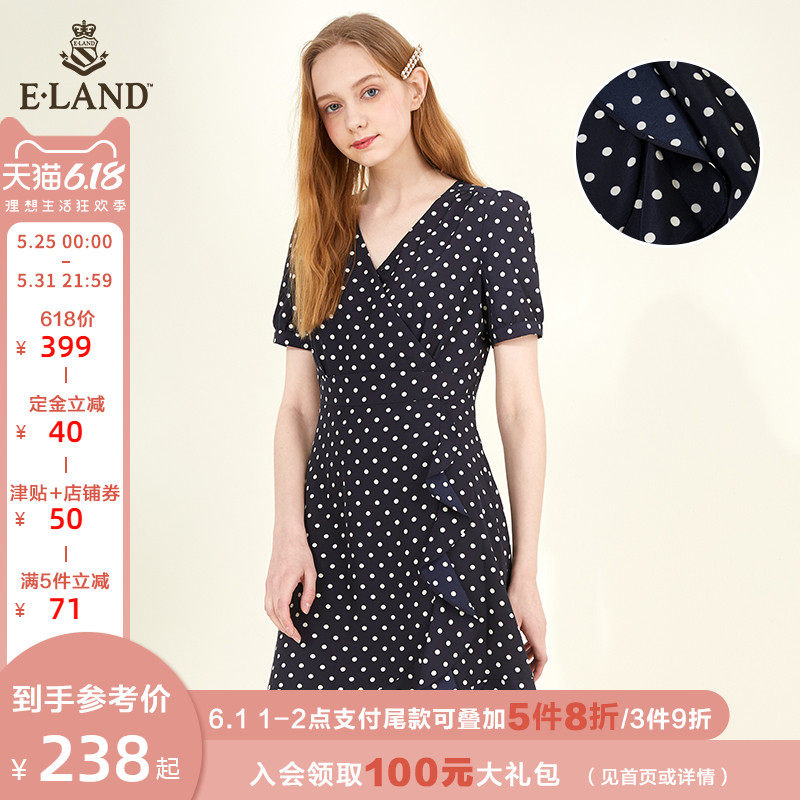 【预售】ELAND2020夏季新款收腰法式V领波点连衣裙女EEOWA6315I