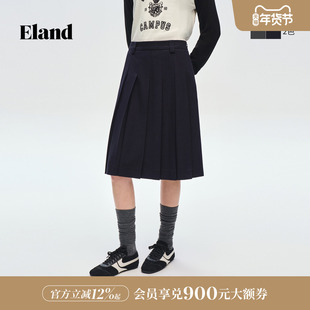 Eland衣恋半身裙女收腰显瘦中长款A字裙学院风百褶裙2026春季新款