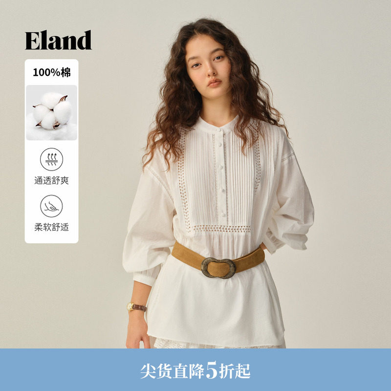 【100%棉】Eland衣恋衬衫女长袖纯色半开襟通勤上衣2025