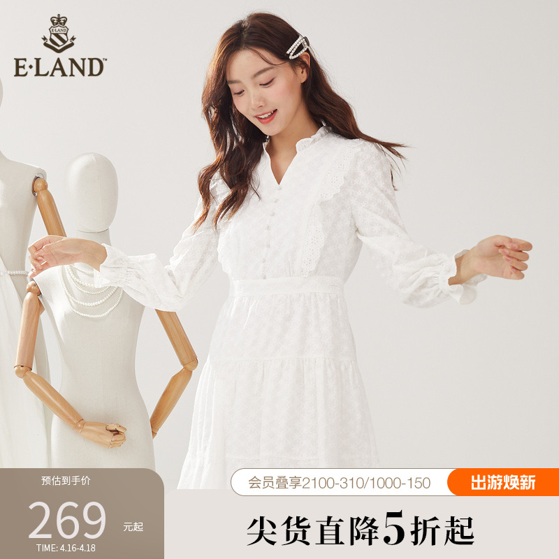 eland衣恋少女清纯白色连衣裙