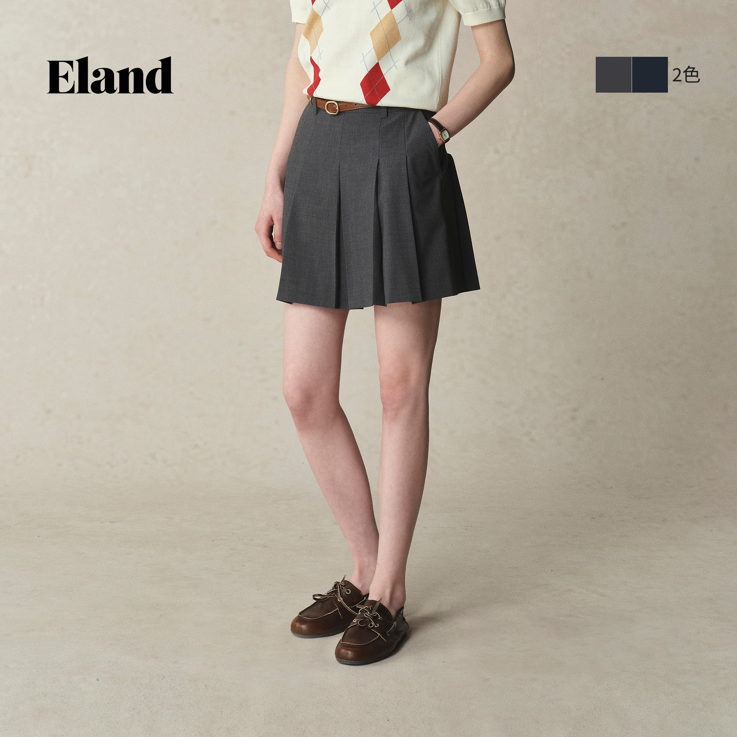 Eland衣恋半身裙女学院风收腰显瘦不易皱百褶裙带口袋A字短裙夏季
