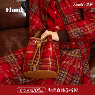 Eland衣恋女士包袋单肩斜跨包格纹水桶包2025冬季 新款