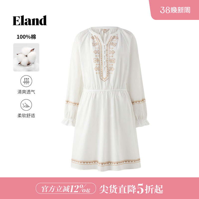 【100%棉】Eland衣恋连衣裙女气质刺绣长袖度假裙子2025