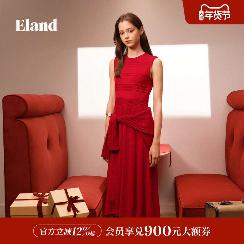 Eland衣恋连衣裙女无袖圆领针织裙优雅收腰百褶裙红裙2026春新款,女装/女士精品,连衣裙,淘宝优惠券,粉丝福利购,淘宝优惠卷